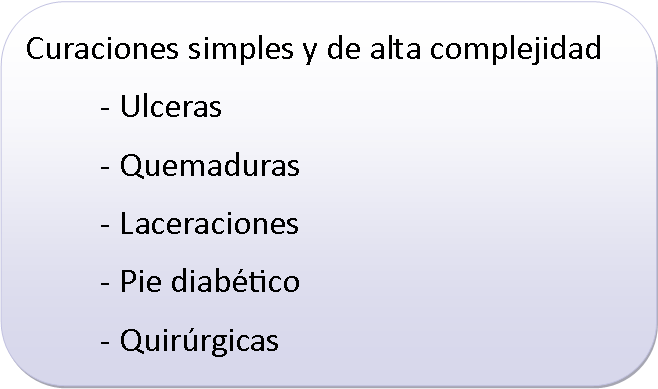 Rect�ngulo redondeado: Curaciones simples y de alta complejidad		- Ulceras		- Quemaduras		- Laceraciones		- Pie diab�tico		- Quir�rgicas